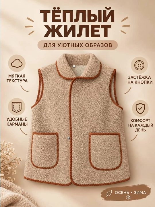 Ayollar uchun yumshoq teddy jilet, qaytarma yoqali, cho‘ntakli, yengsiz issiq nimcha