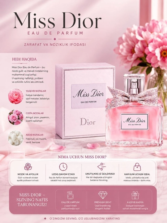 Miss Dior atir ayollar uchun EDP nafis gulsi hid uzoq saqlanadi