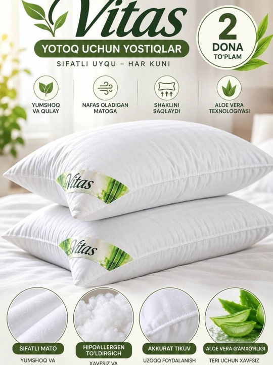 Vitas Premium Yostiqlar To'plami: Anatomik va Ekologik Bambuk Matoli, 50x70 sm, 2 Dona - 