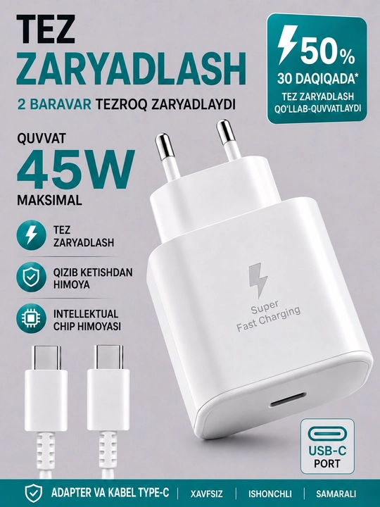 Tez zaryadlash, Type-C kabeli bilan 45 Vt quvvatli Samsung Travel Adapter  zaryadlagichi - 