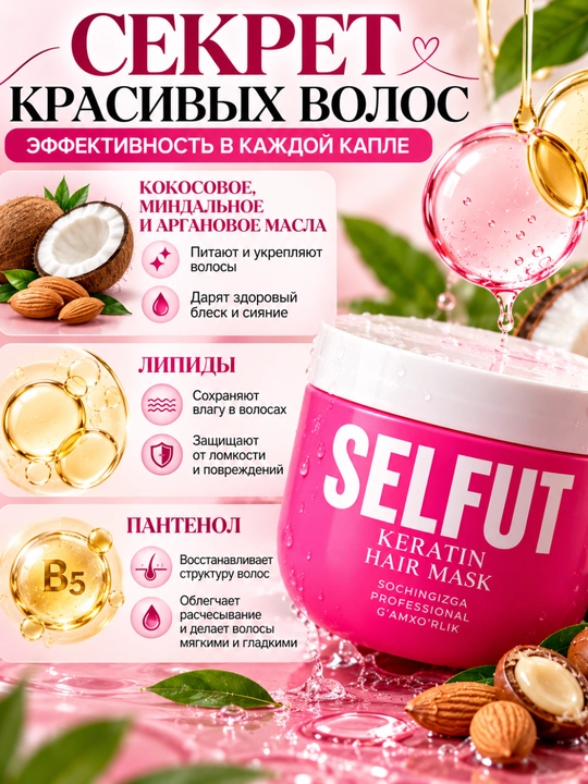 SELFUT Keratin Hair Mask -quruq shikastlangan va mo‘rt sochlar uchun keratinli soch niqobi