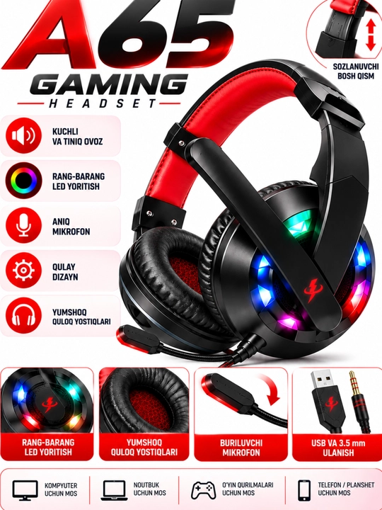 A65 Gaming Naushnik, RGB LED Yoritish, Mikrofonli Simli Quloqchin, PC va Noutbuk uchun