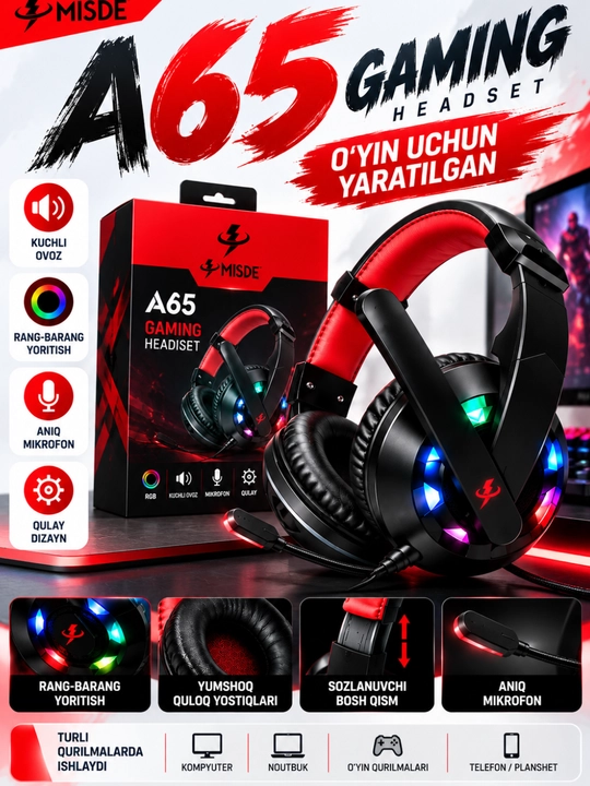 A65 Gaming Naushnik, RGB LED Yoritish, Mikrofonli Simli Quloqchin, PC va Noutbuk uchun
