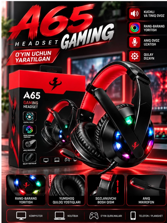 A65 Gaming Naushnik, RGB LED Yoritish, Mikrofonli Simli Quloqchin, PC va Noutbuk uchun - 