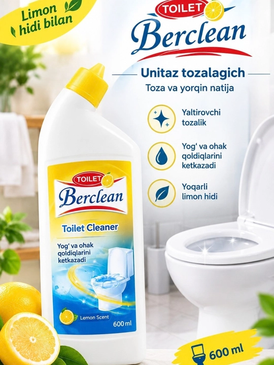 Средство для чистки унитаза Berclean, с ароматом лимона, против бактерий и налёта, 500 мл