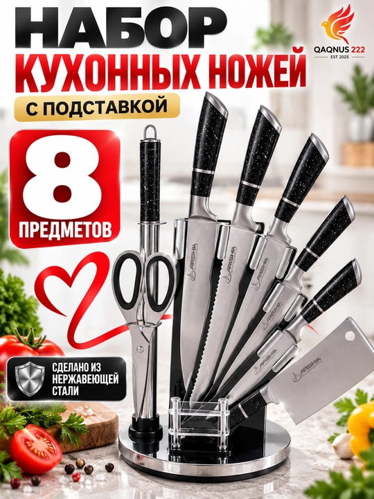 Набор кухонных ножей с подставкой, ножницами, разные модели - 