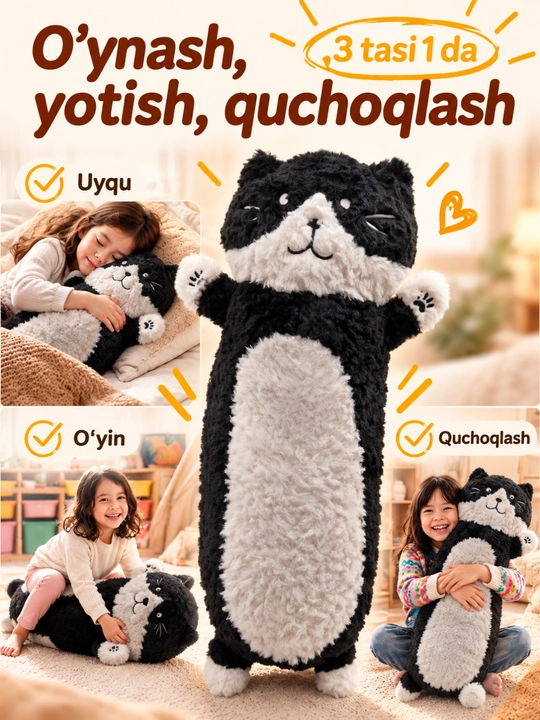 Мягкая игрушка котик-обнимашка, плюшевый антистресс для детей, подарок