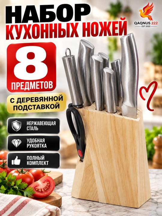 Набор кухонных ножей с подставкой, ножницами, разные модели - 