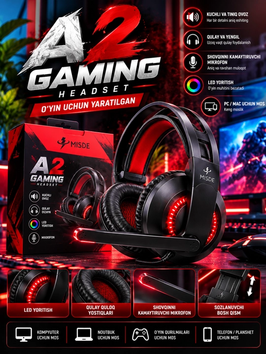 A2 Gaming Naushnik, LED Yoritishli, Mikrofonli Simli Quloqchin, PC va Noutbuk uchun