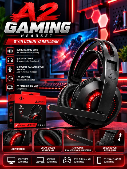 A2 Gaming Naushnik, LED Yoritishli, Mikrofonli Simli Quloqchin, PC va Noutbuk uchun