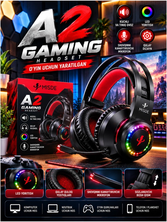 A2 Gaming Naushnik, LED Yoritishli, Mikrofonli Simli Quloqchin, PC va Noutbuk uchun - 