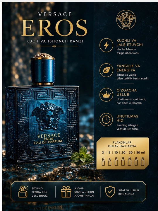 Versace Eros — Erkaklar uchun kuchli, jozibali va xarizmatik parfyum, raspiv - 