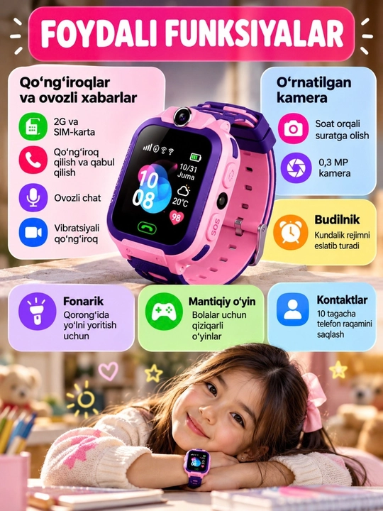 Детские смарт-часы, SIM, GPS/LBS, камера, SOS, звонки, до 168 часов