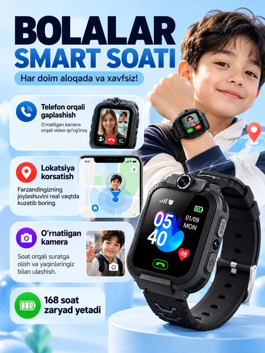 Детские смарт-часы, SIM, GPS/LBS, камера, SOS, звонки, до 168 часов