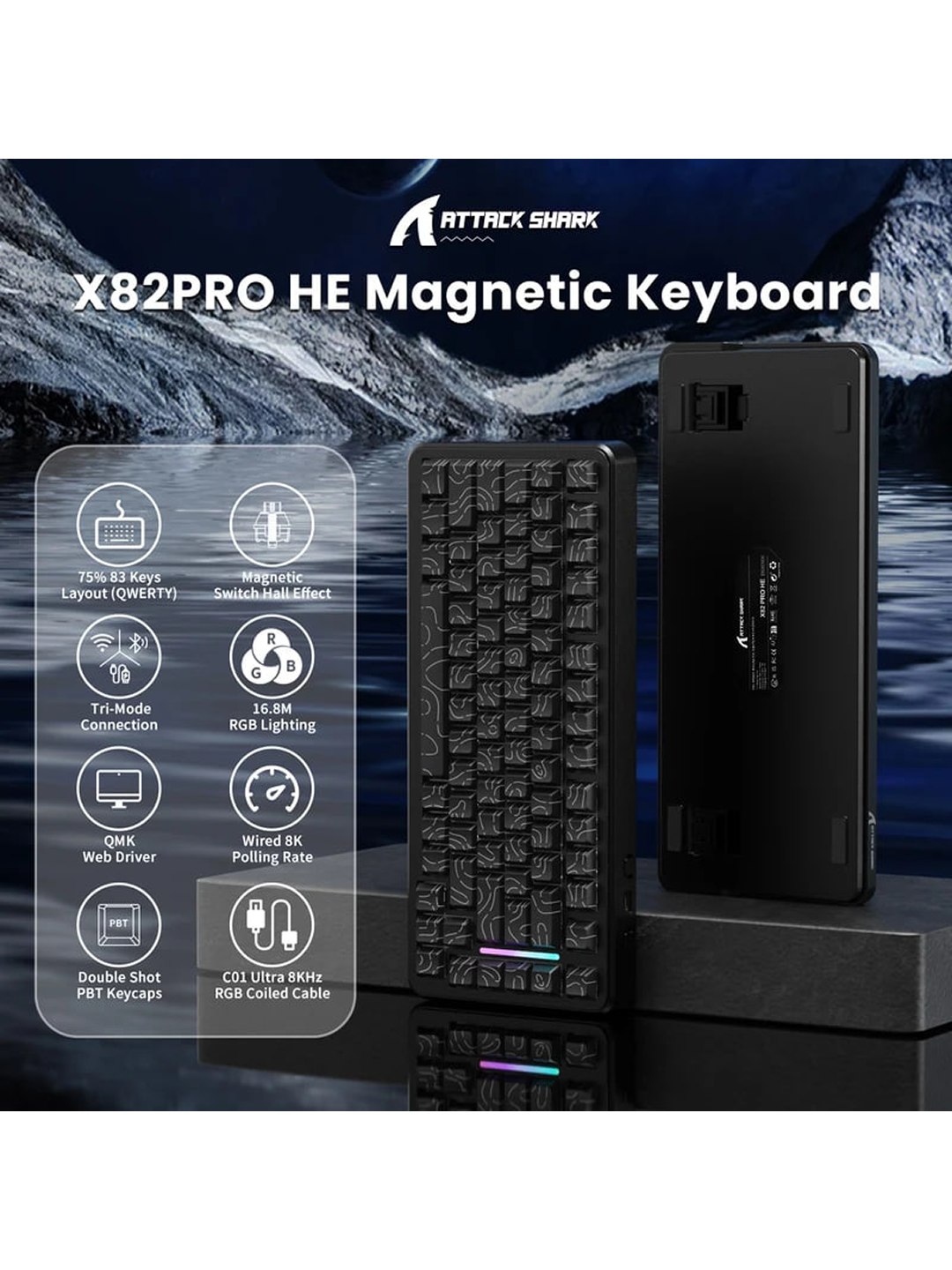 Attack Shark X82 PRO HE oʻyin uchun magnit klaviaturasi, Holl effekti, 8kHz