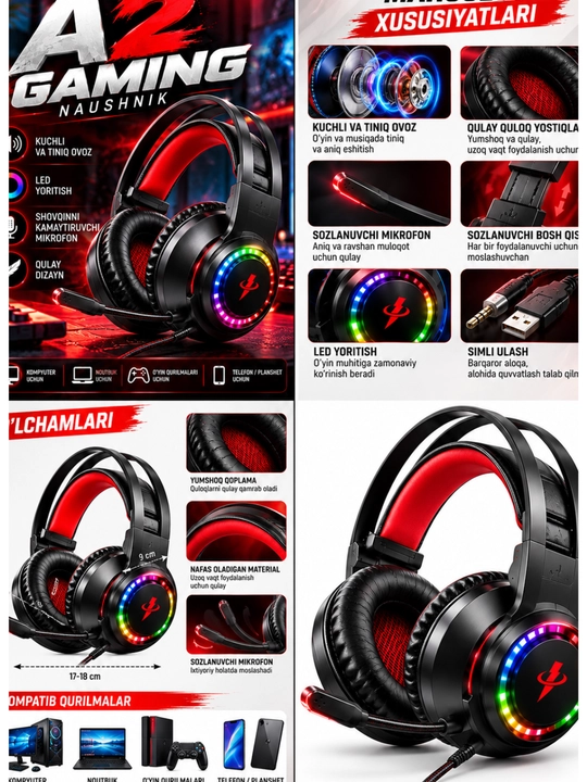 A2 Gaming Naushnik, LED Yoritishli, Mikrofonli Simli Quloqchin, PC va Noutbuk uchun