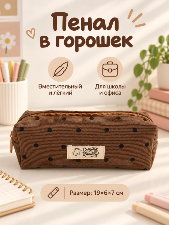 Пенал в горошек для школы и офиса, 19×6×7 см - 