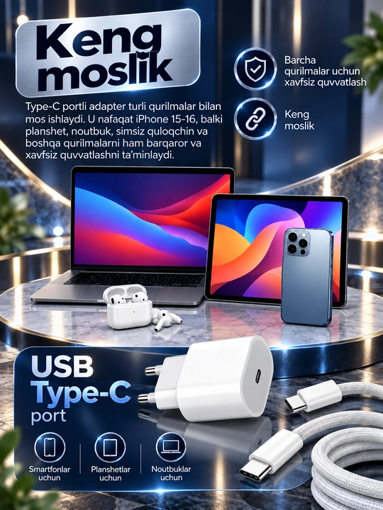 Комплект зарядки 20W для iPhone 15 и 16, кабель type-c-type-c 60W