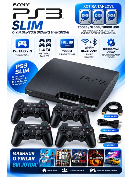 Sony PlayStation 3 Slim, 250/320/500GB HDD, 1-4 geympad - 