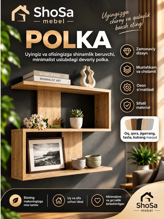 Kitoblar uchun polka gullar va interyerlar uchun tokcha, shkaf tumba - 