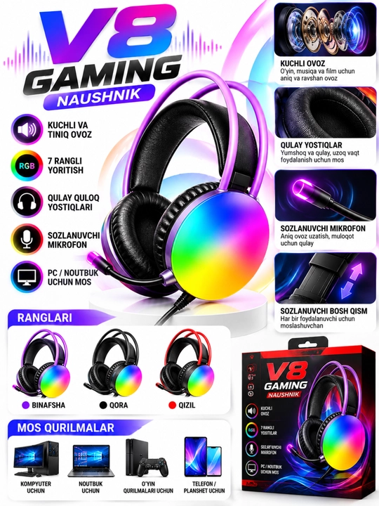 V8 Gaming Naushnik, RGB LED Yoritish, Mikrofonli Simli Quloqchin, PC va Noutbuk uchun