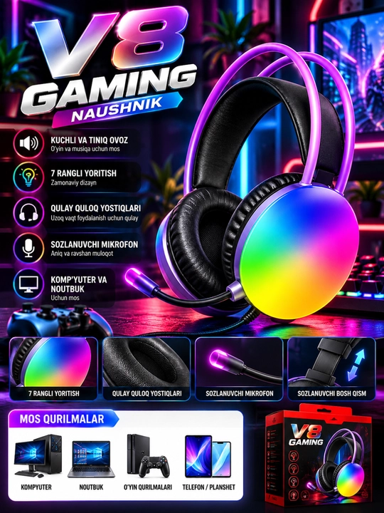 V8 Gaming Naushnik, RGB LED Yoritish, Mikrofonli Simli Quloqchin, PC va Noutbuk uchun