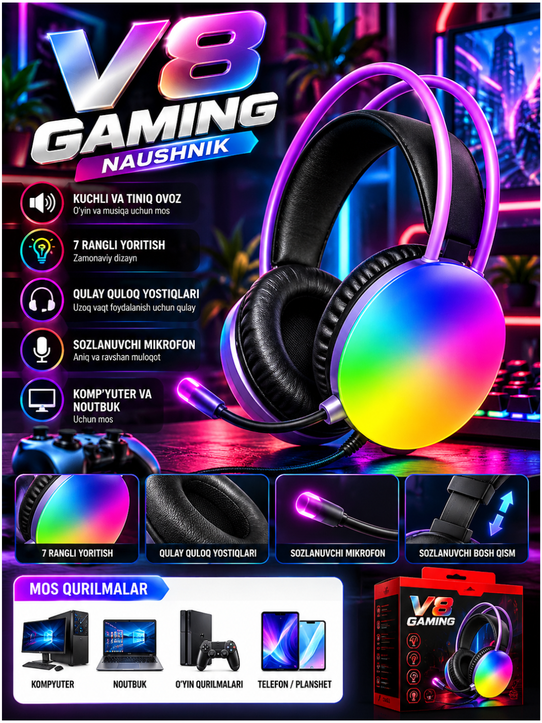 V8 Gaming Naushnik, RGB LED Yoritish, Mikrofonli Simli Quloqchin, PC va Noutbuk uchun - 