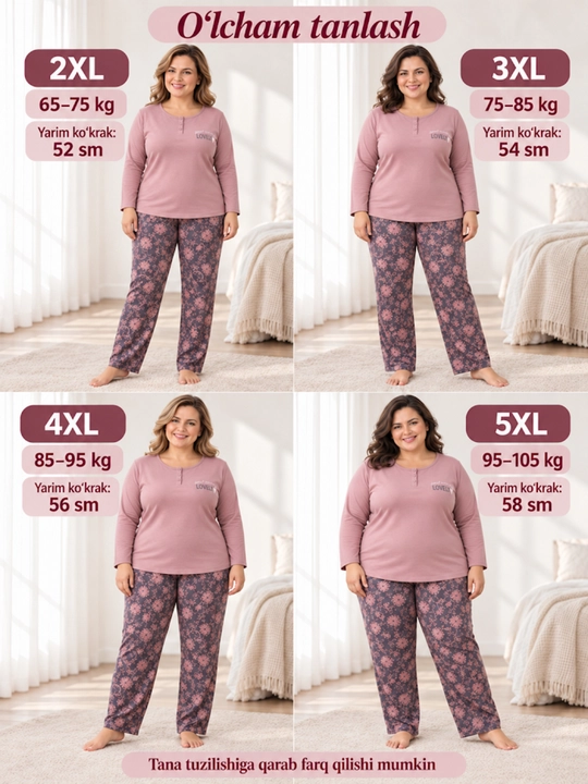 Ayollar uchun katta o‘lchamli pijama, Turkiya, 2XL–5XL