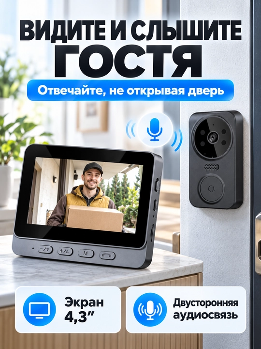 Simsiz videodomofon, 4,3″ monitorli kamerali eshik qo‘ng‘irog‘i, tungi ko‘rish