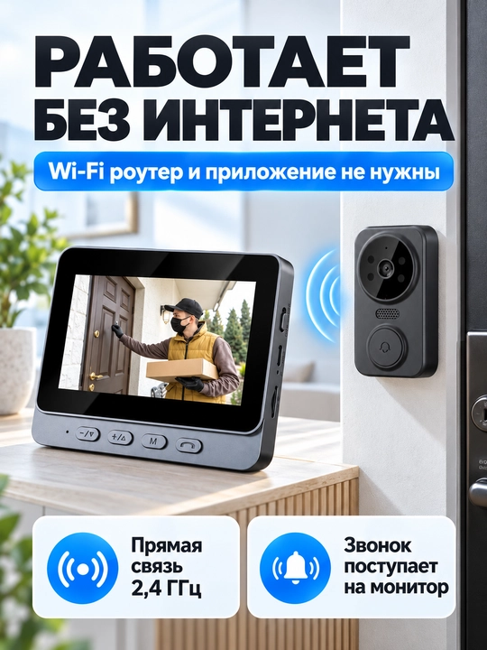 Simsiz videodomofon, 4,3″ monitorli kamerali eshik qo‘ng‘irog‘i, tungi ko‘rish