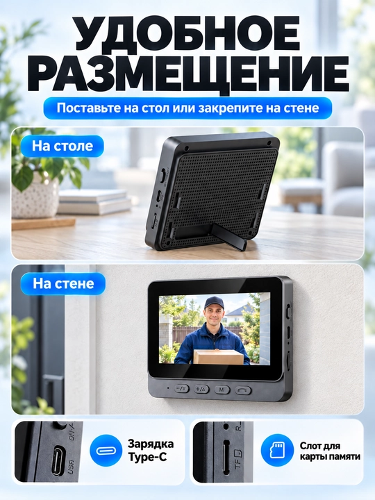 Simsiz videodomofon, 4,3″ monitorli kamerali eshik qo‘ng‘irog‘i, tungi ko‘rish