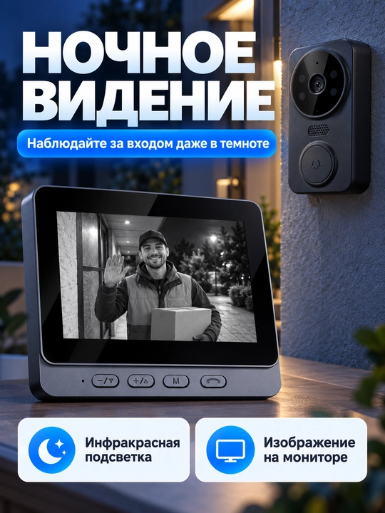 Simsiz videodomofon, 4,3″ monitorli kamerali eshik qo‘ng‘irog‘i, tungi ko‘rish