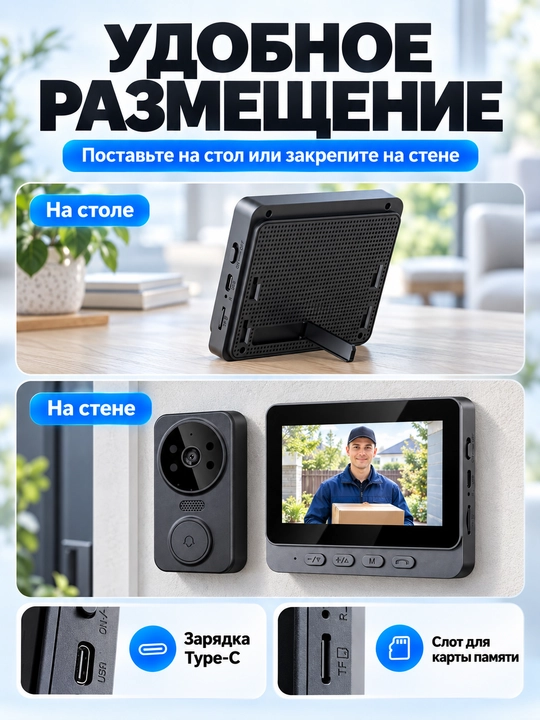 Simsiz videodomofon, 4,3″ monitorli kamerali eshik qo‘ng‘irog‘i, tungi ko‘rish
