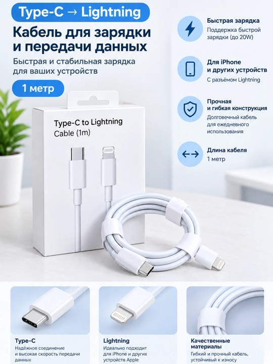 Оригинальный кабель usb / lightning / type-c, 1 метр, быстрая и качественная зарядка - 