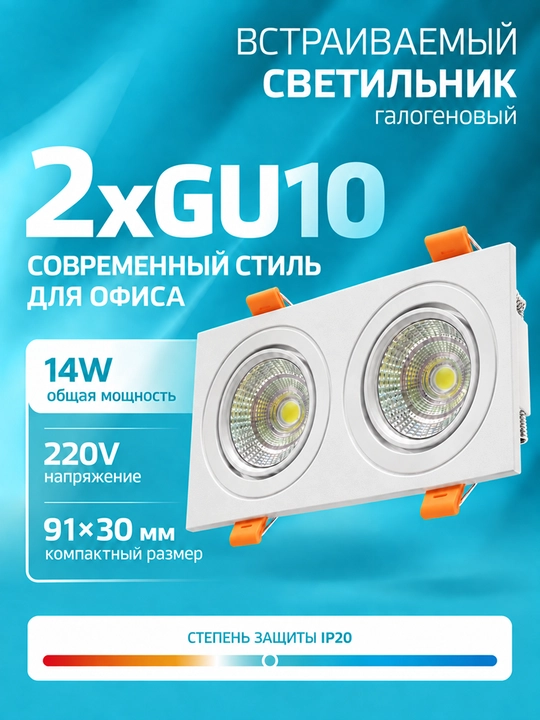 GU10 ichki o‘rnatiladigan halogen chiroq, 220 V, 7/14 Vt, 1/2 lampali, oq/qora - 