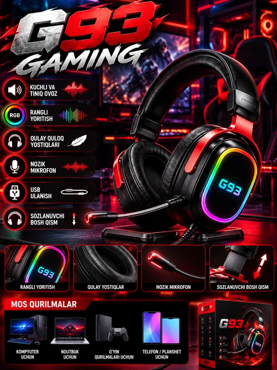 G93 Gaming Naushnik, RGB, Mikrofonli, 50mm, PC va Noutbuk uchun - 