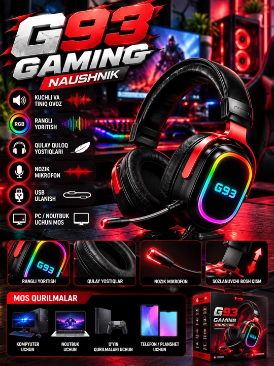 G93 Gaming Naushnik, RGB, Mikrofonli, 50mm, PC va Noutbuk uchun