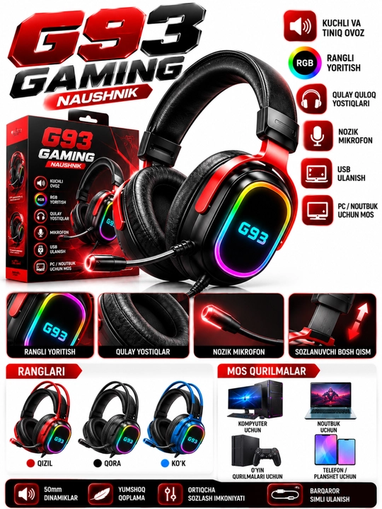 G93 Gaming Naushnik, RGB, Mikrofonli, 50mm, PC va Noutbuk uchun