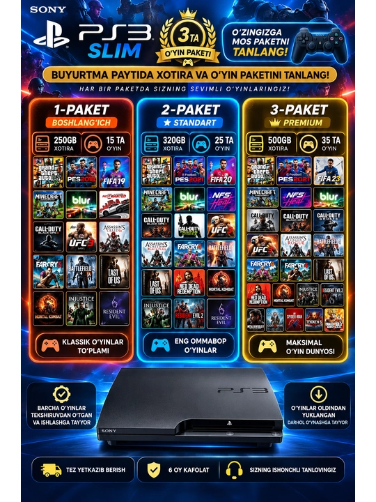 Sony PlayStation 3 Slim, 250/320/500GB HDD, 1-4 geympad