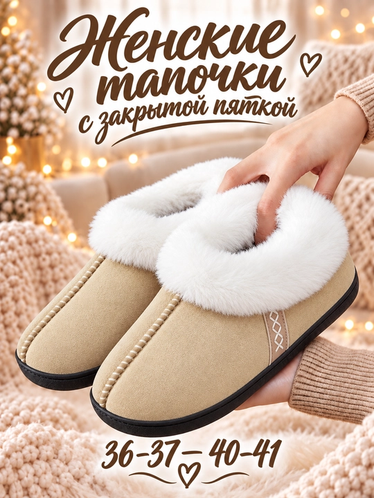 Тапочки женские зимние DISHER CozyStep, с закрытой пяткой и мягкой подкладкой - 