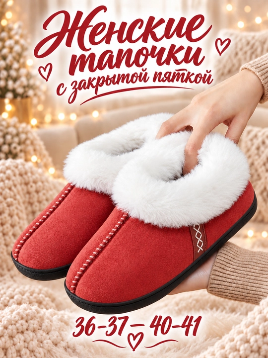 Тапочки женские зимние DISHER CozyStep, с закрытой пяткой и мягкой подкладкой - 