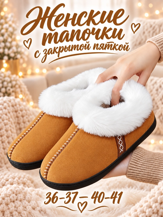 Тапочки женские зимние DISHER CozyStep, с закрытой пяткой и мягкой подкладкой - 