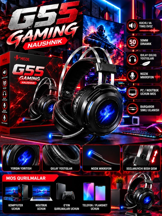 G55 Gaming Naushnik, 50mm, RGB Yoritish, Mikrofonli, PC va Noutbuk uchun - 
