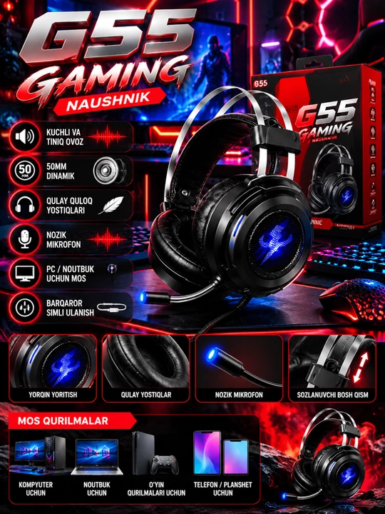 G55 Gaming Naushnik, 50mm, RGB Yoritish, Mikrofonli, PC va Noutbuk uchun