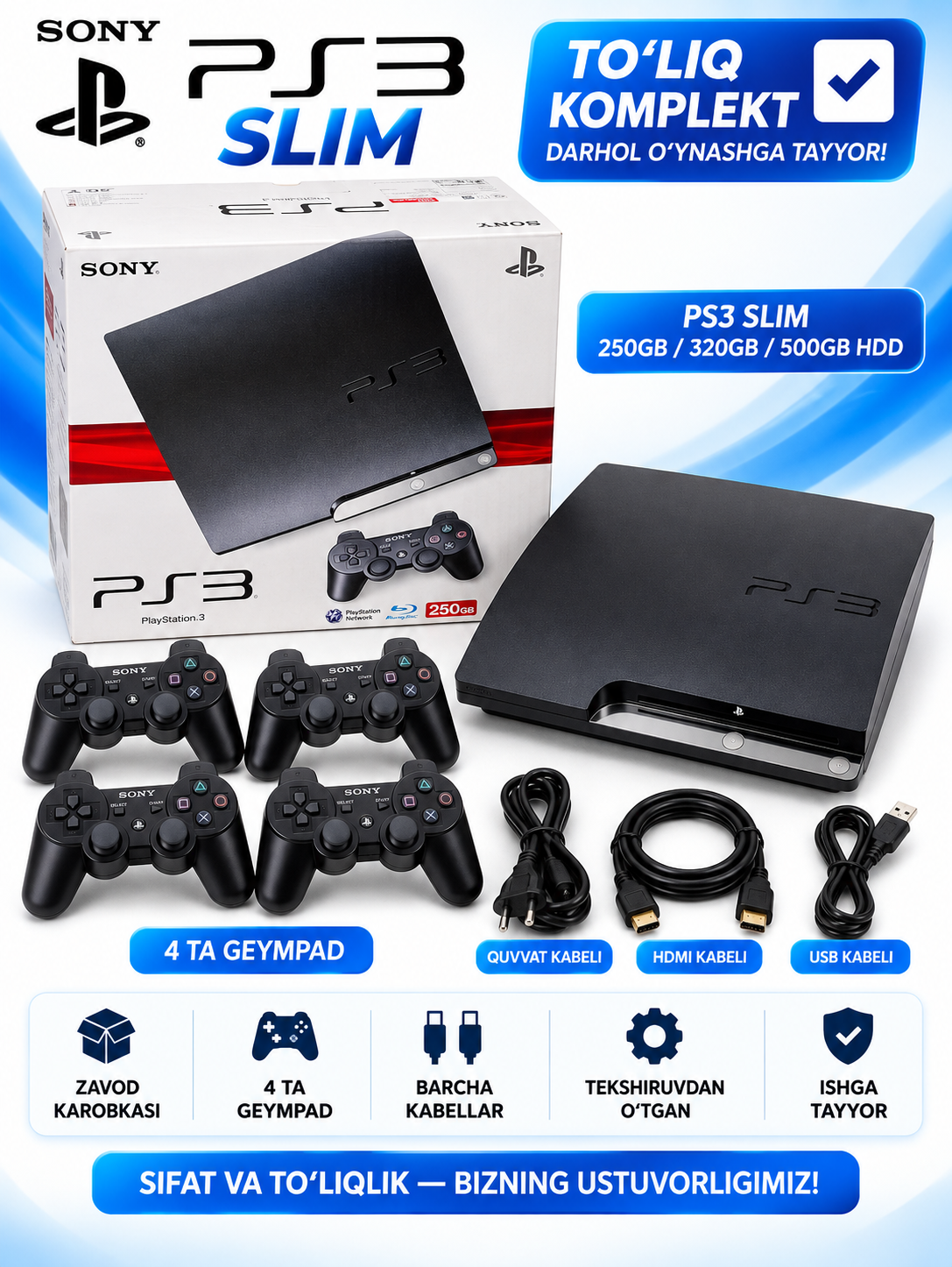 Sony PlayStation 3 Slim, 250/320/500GB HDD, 1-4 geympad