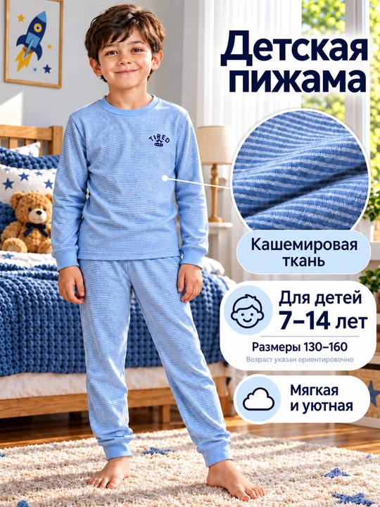 Bolalar pijamasi 7–14 yoshli o‘g‘il va qiz bolalar uchun uzun yengli - 