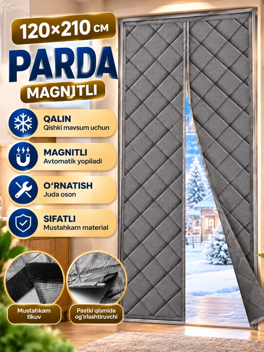 Eshik uchun issiqlik saqlovchi magnitli parda, qishki termo parda, 120x210 sm - 
