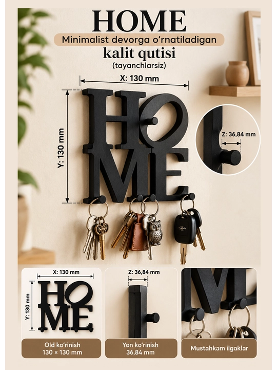 HOME - Minimalist devorga o‘rnatiladigan kalit qutisi (tayanchlarsiz) - 