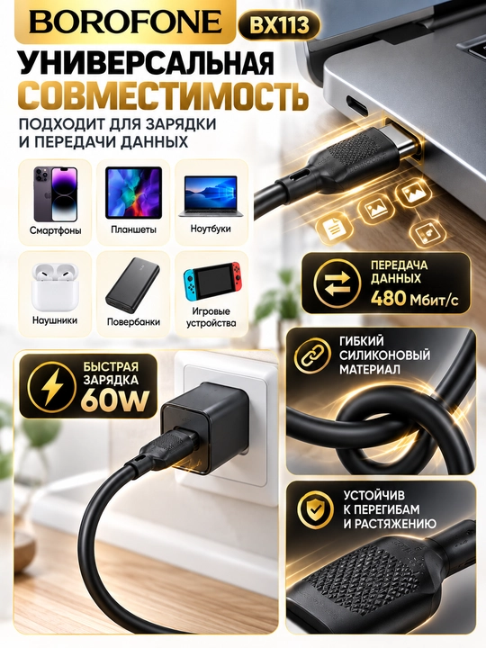 Кабель BOROFONE BX111 Lightning для зарядки телефона 2.4A белый 1 м