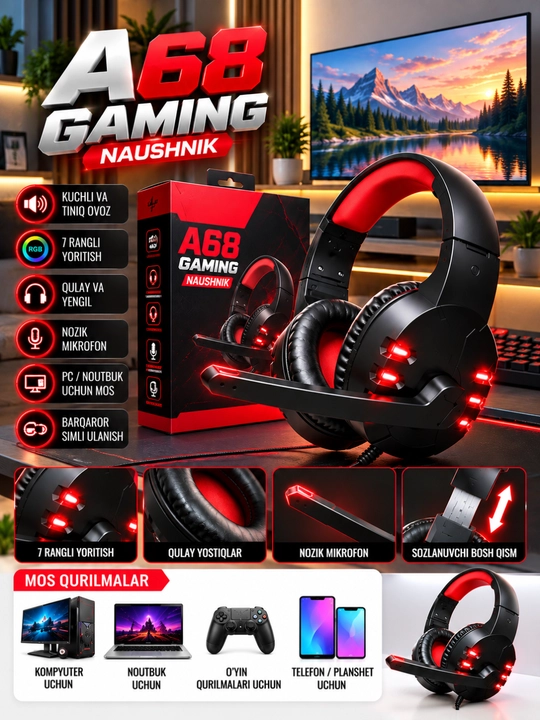 A68 Gaming Naushnik, RGB Yoritish, Mikrofonli, Qulay Quloqchin, PC va Noutbuk uchun